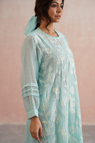 Pale Blue Mul chanderi applique and pearl embroidered kurta
