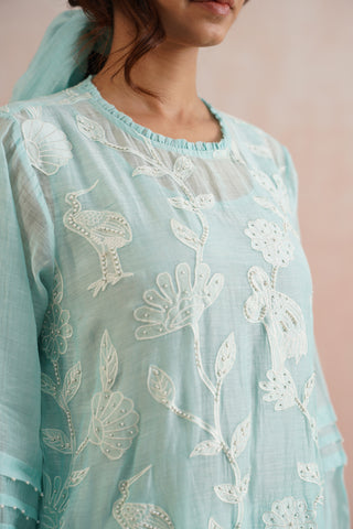 Pale Blue Mul chanderi applique and pearl embroidered kurta