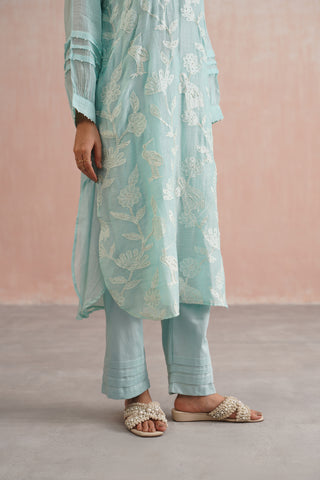Pale Blue Mul chanderi applique and pearl embroidered kurta