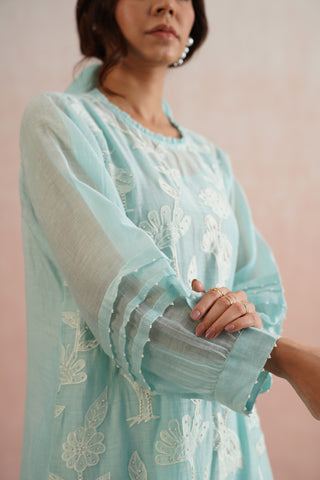Pale Blue Mul Chanderi Appliqué & Pearl Embroidered Kurta Co-ord Set