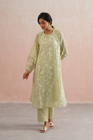 Sage Green Mul chanderi applique and pearl embroidered kurta paired with cotton pants - Set of 3