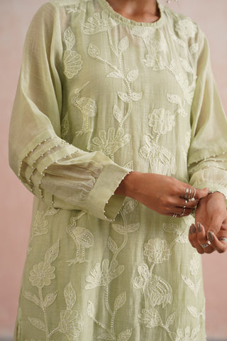 Sage Green Mul chanderi applique and pearl embroidered kurta paired with cotton pants - Set of 3