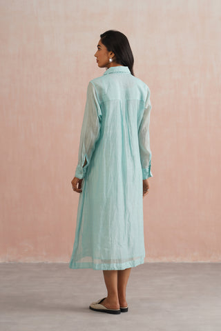 Pale Blue Mul chanderi button down dress with pearl embroidery - Set of 2