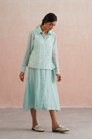 Pale Blue Mul chanderi button down dress with pearl embroidery - Set of 2