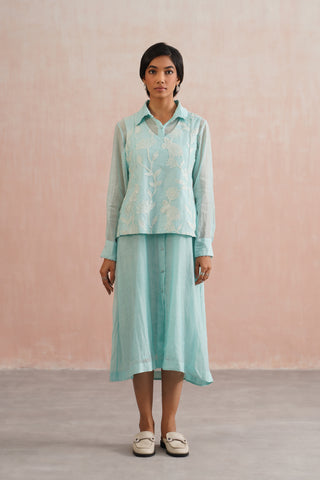 Pale Blue Mul chanderi button down dress with pearl embroidery - Set of 2