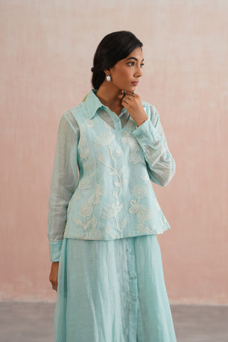 Pale Blue Mul chanderi button down dress with pearl embroidery - Set of 2