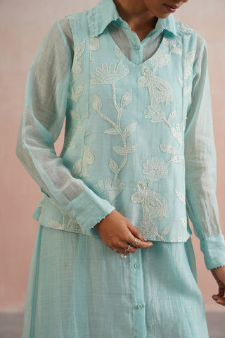 Pale Blue Mul chanderi button down dress with pearl embroidery - Set of 2
