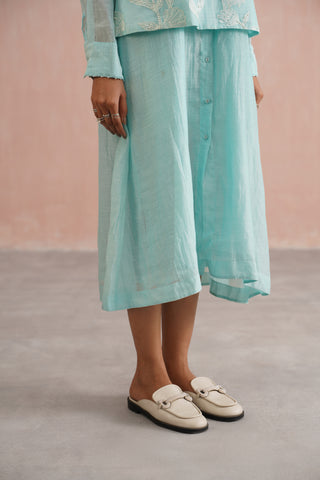 Pale Blue Mul chanderi button down dress with pearl embroidery - Set of 2