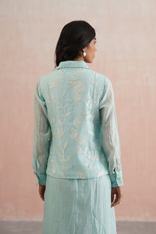 Pale Blue Mul chanderi button down dress with pearl embroidery - Set of 2