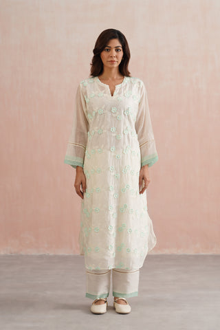 Off-white Mul chanderi pearl embroidered kurta paired with cotton pants with green accent - Set of 3