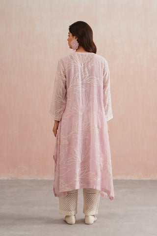 Rose Pink Mul chanderi pearl embroidered kurta paired with cotton pants - Set of 3
