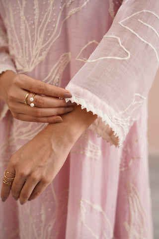 Rose Pink Mul chanderi pearl embroidered kurta paired with cotton pants - Set of 3