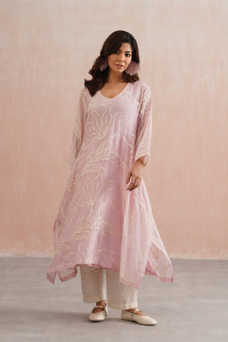 Rose Pink Mul chanderi pearl embroidered kurta paired with cotton pants - Set of 3