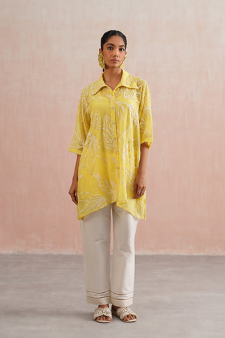 Lemon Yellow Mul chanderi pearl embroidered shirt paired with cotton pants - Set of 3