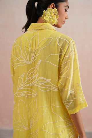 Lemon Yellow Mul chanderi pearl embroidered shirt paired with cotton pants - Set of 3