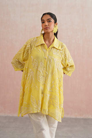 Lemon Yellow Mul chanderi pearl embroidered shirt paired with cotton pants - Set of 3
