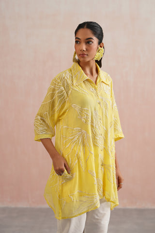 Lemon Yellow Mul chanderi pearl embroidered shirt paired with cotton pants - Set of 3