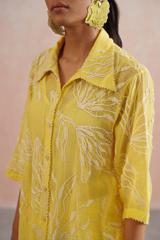 Lemon Yellow Mul chanderi pearl embroidered shirt paired with cotton pants - Set of 3