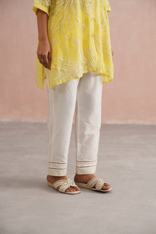 Lemon Yellow Mul chanderi pearl embroidered shirt paired with cotton pants - Set of 3