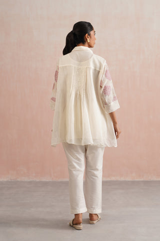 Offwhite Mul Chanderi Lilac Appliqué & Pearl Embroidered Pant Set
