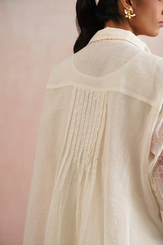 Offwhite Mul Chanderi Lilac Appliqué & Pearl Embroidered Pant Set