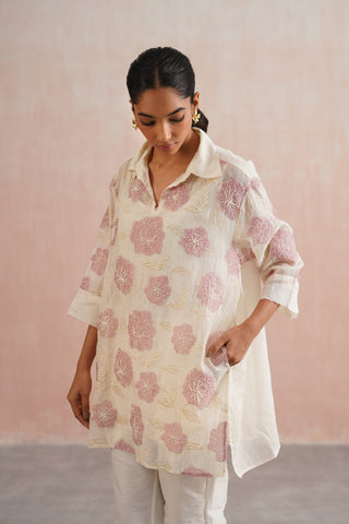 Offwhite Mul Chanderi Lilac Appliqué & Pearl Embroidered Pant Set