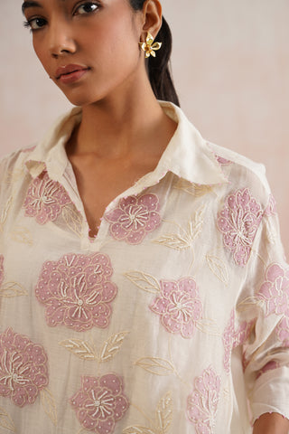 Offwhite Mul Chanderi Lilac Appliqué & Pearl Embroidered Pant Set