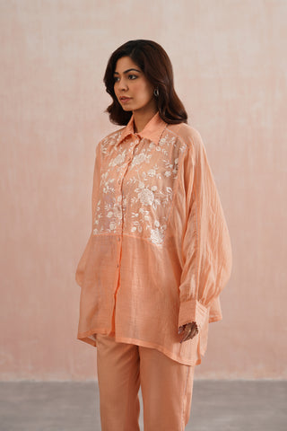 Peach Mul Chanderi Pearl Embroidered Kimono Pant Set
