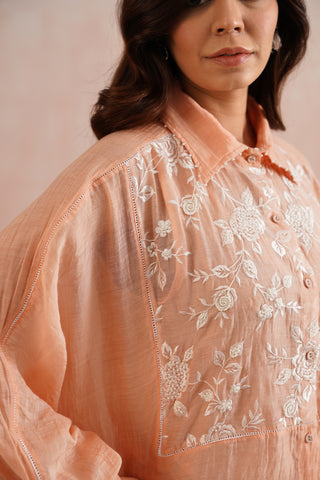 Peach Mul Chanderi Pearl Embroidered Kimono Pant Set