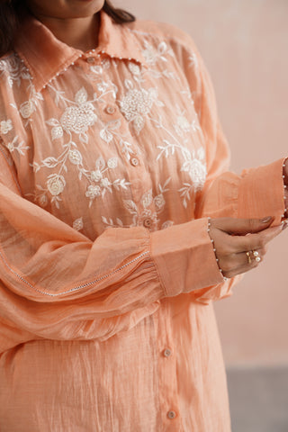 Peach Mul Chanderi Pearl Embroidered Kimono Pant Set