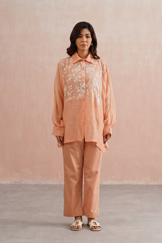 Peach Mul Chanderi Pearl Embroidered Kimono Pant Set