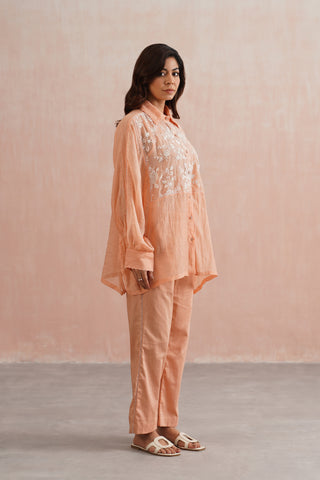 Peach Mul Chanderi Pearl Embroidered Kimono Pant Set
