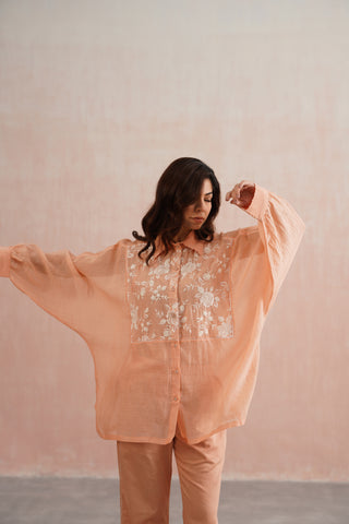 Peach Mul Chanderi Pearl Embroidered Kimono Pant Set