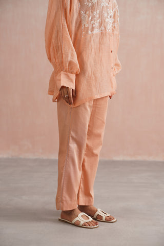 Peach Mul Chanderi Pearl Embroidered Kimono Pant Set