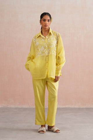 Lemon Yellow Mul chanderi pearl embroidered kimono shirt paired with cotton pants - Set of 3