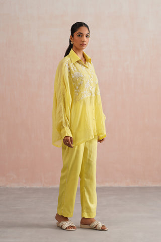 Lemon Yellow Mul chanderi pearl embroidered kimono shirt paired with cotton pants - Set of 3