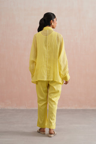 Lemon Yellow Mul chanderi pearl embroidered kimono shirt paired with cotton pants - Set of 3