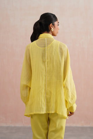 Lemon Yellow Mul chanderi pearl embroidered kimono shirt paired with cotton pants - Set of 3