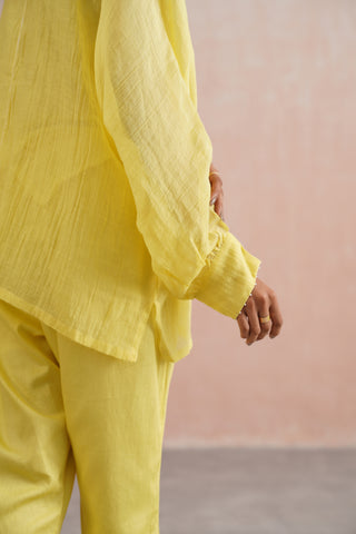 Lemon Yellow Mul chanderi pearl embroidered kimono shirt paired with cotton pants - Set of 3