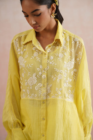 Lemon Yellow Mul chanderi pearl embroidered kimono shirt paired with cotton pants - Set of 3