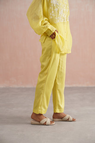 Lemon Yellow Mul chanderi pearl embroidered kimono shirt paired with cotton pants - Set of 3