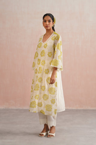 Ivory Mul Chanderi Lime Appliqué & Pearl Embroidered Kurta Set with Dupatta