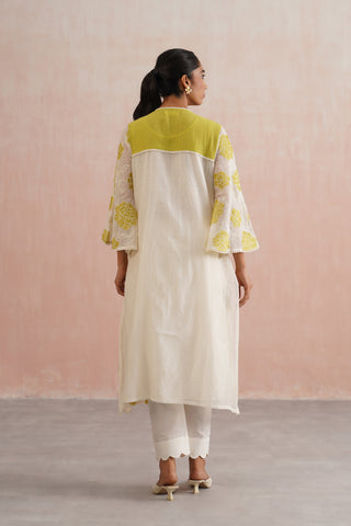 Ivory Mul Chanderi Lime Appliqué & Pearl Embroidered Kurta Set with Dupatta