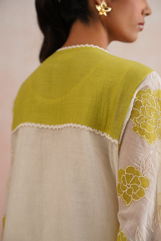 Ivory Mul Chanderi Lime Appliqué & Pearl Embroidered Kurta Set with Dupatta