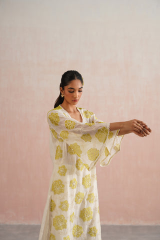 Ivory Mul Chanderi Lime Appliqué & Pearl Embroidered Kurta Set with Dupatta