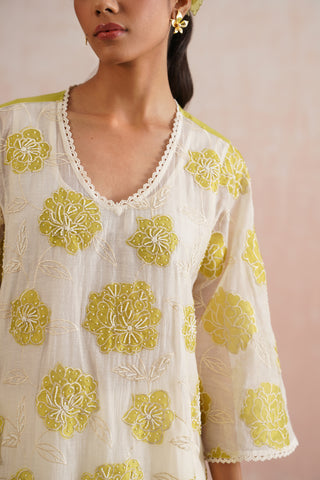 Ivory Mul Chanderi Lime Appliqué & Pearl Embroidered Kurta Set with Dupatta