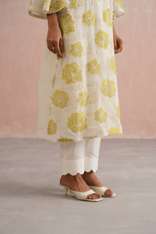 Ivory Mul Chanderi Lime Appliqué & Pearl Embroidered Kurta Set with Dupatta