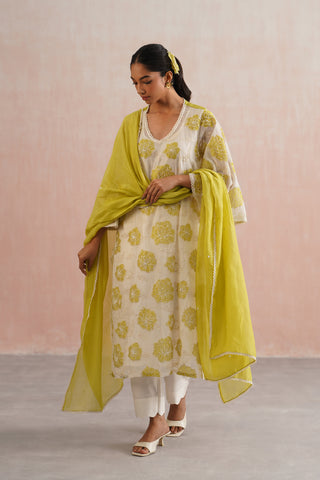 Ivory Mul Chanderi Lime Appliqué & Pearl Embroidered Kurta Set with Dupatta