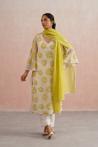 Ivory Mul Chanderi Lime Appliqué & Pearl Embroidered Kurta Set with Dupatta