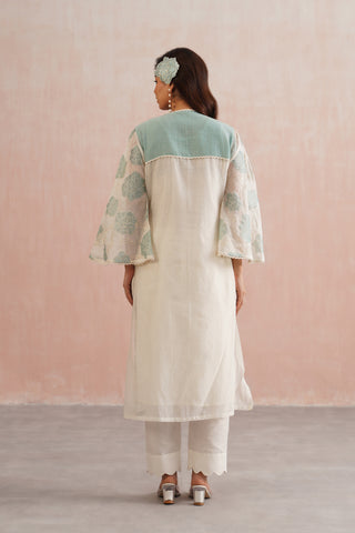 Ivory Mul chanderi blue applique and pearl embroidered kurta paired with cotton pants and mul chanderi dupatta - Set of 4